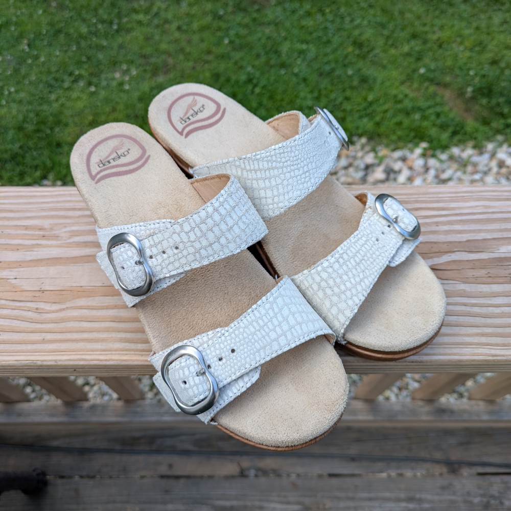 Dansko White Textured Mules with Silver Buckles: Size 37